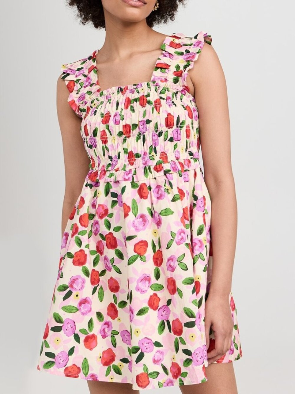 NWT English Factory Flower Ruffled Mini Dress Cream Multi Floral Smocked Small